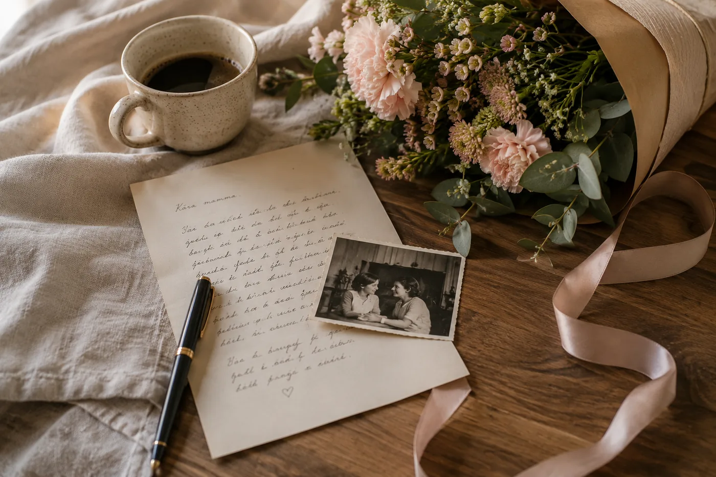 Handskrivet brev med fotografi och blommor – personlig och betydelsefull morsdagspresent till mamma